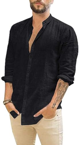 Friptspyg Homens camisa de manga comprida de algodão e linho corte regular ideal para ocasiões de praia e vestir casual camisa de verão