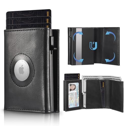 DOMIPHIE Airtag Wallet de couro premium, porta-cartões para homem, porta-moedas, Couro preto, Moderno