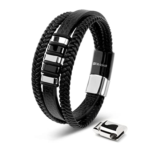 SERASAR | Pulseira de couro premium [Glory] para homem em preto | fechadura magnética de aço inoxidável em prata e ouro, caixa de jóias exclusiva, ótima ideia de presente