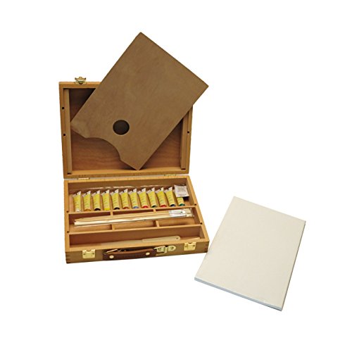 Artme Caixa de cavalete de madeira premium Set de 23 peças – cavalete de mesa 32 x 24 cm / 3 painéis de tela/12 tintas acrílicas/4 pincéis/lápis/faca de palete de plástico/palete
