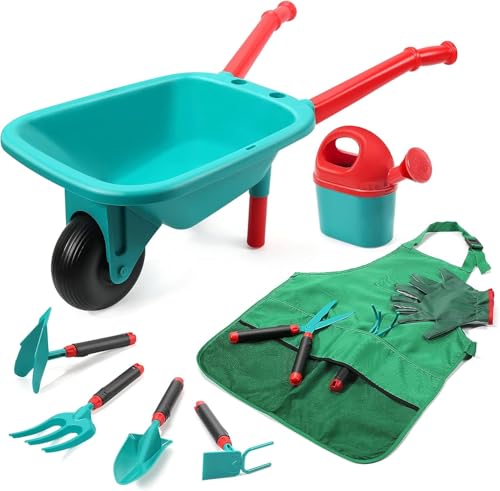 CUTE STONE - Carrinho infantil para crianças, conjunto de ferramentas para jardinagem, brinquedos de jardim com carrinho, luvas, ancinho de mão, pá, enxada dupla, brinquedos para interior e exterior