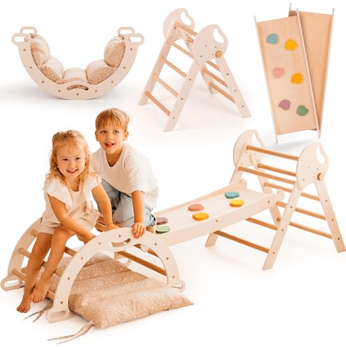 Estrutura de escalada 5 em 1 para crianças, escada em triângulo, arco de escalada, Balance Board e almofada, estrutura de escalada Montessori, ginásio de madeira para crianças de 1 a 3 anos