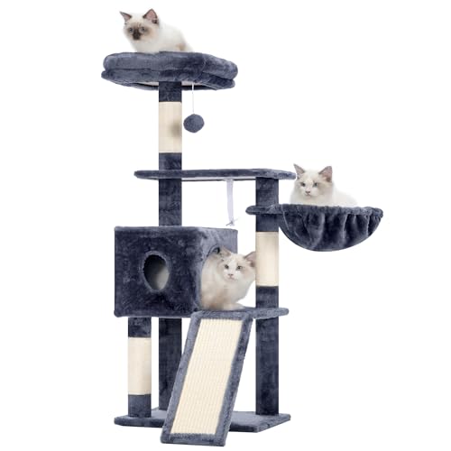 Hey-brother Árvore arranhadora para gatos de 108 cm, para interiores, vários andares, com colunas para arranhar, rampa, cestas, orifício espaçoso para gatos e brinquedo com pompom pendente, cinza