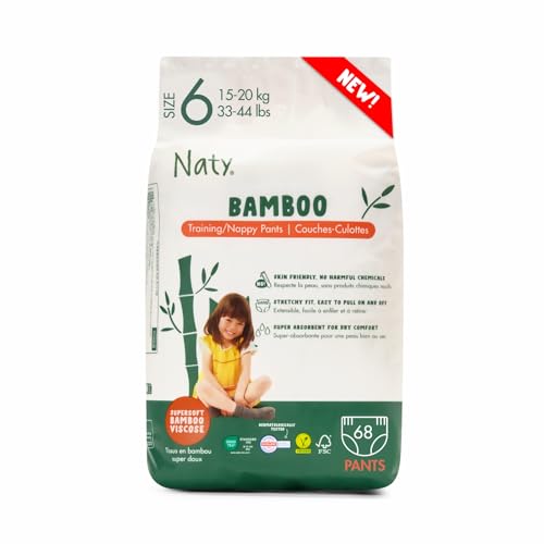 Naty Bamboo Fraldas-cueca de viscose de bambu, maciez sedosa, fraldas-cuecas de origem vegetal, testadas dermatologicamente para pele sensível e super absorventes (tamanho 6, 68 unidades)
