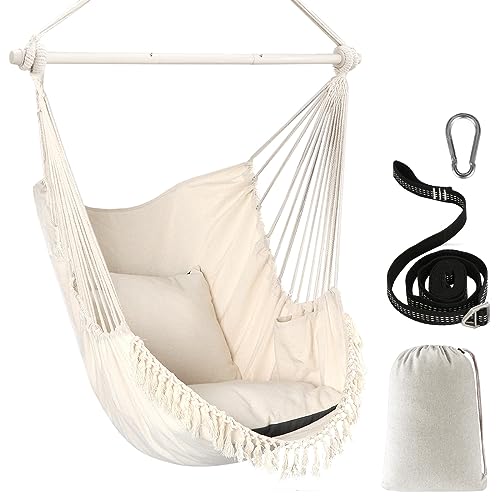 Chihee Balanço cadeira de rede MAX 227 kg 2 almofadas incluídas barra de metal com ranhuras antiderrapantes cadeira pendente portátil bolso lateral cadeira boémia grande de macramé interior exterior