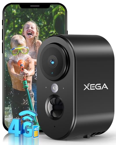 Xega 4G LTE Câmara de vigilância com cartão SIM exterior interior, 2K HD LTE câmara de segurança sem Wi-Fi portátil, bateria 6000 mAh, deteção de movimento PIR, visão noturna de cor, IP65