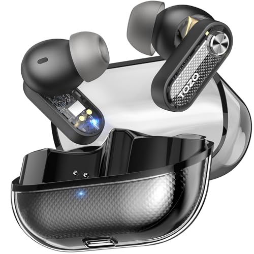 TOZO Crystal Pods auriculares sem fios Bluetooth 5.4 com híbrido ANC chamadas IA ENC ORIGX 2.0 acústico EQs ajuste 35H reprodução modo carregamento rápido USB tipo C IPX5 preto