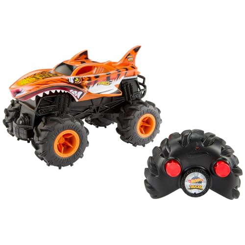 Hot Wheels Monster Trucks carro remoto, HW Tiger Shark RC, carro de brinquedo todo-o-terreno com controlo rádio com alcance de 30 metros, escala 1:24, presente para meninos e meninas +4 anos, HNV03