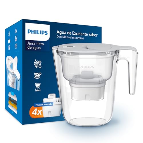 Philips Water Filtro de jarro + 4 cartuchos de filtro de substituição, filtragem avançada, fluxo rápido, temporizador eletrónico, filtro de fecho, calcário, metais pesados e micro-plástico, capacidade
