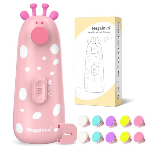 Megainvo Lima de unhas para bebés, corta-unhas elétricas com 10 cabeças moídas, luz LED, 1 capa anti-pó para recém-nascidos e crianças, rosa