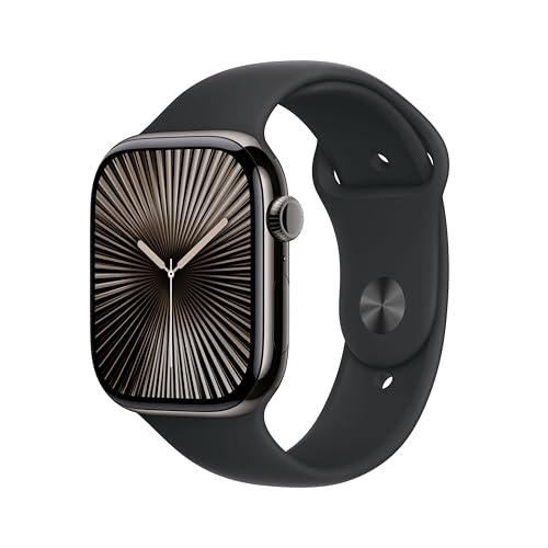 Apple Watch Series 10 GPS Cellular Smartwatch com caixa de titânio de ardósia de 46 mm e correia desportiva preta - tamanho S/M. Monitor de treino, App ECG, ecrã Retina sempre ativo