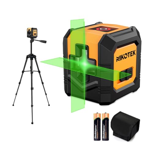 Nikotek Nível laser verde com tripé melhorado de 1,2 m, laser de linha cruzada horizontal e vertical de feixe brilhante automático para decoração de casa, bricolagem, etc. Bateria e tripé incluídos