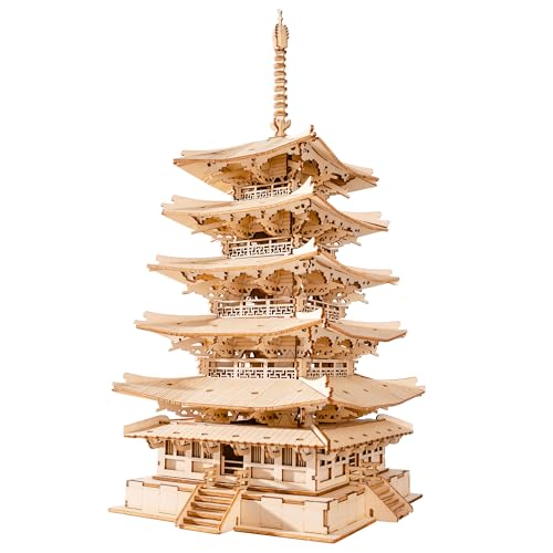 Rolife Puzzle de madeira 3D torre pagode de cinco pisos casacos para montar para construir adultos meninas gato fortunato, Five-storied pagode