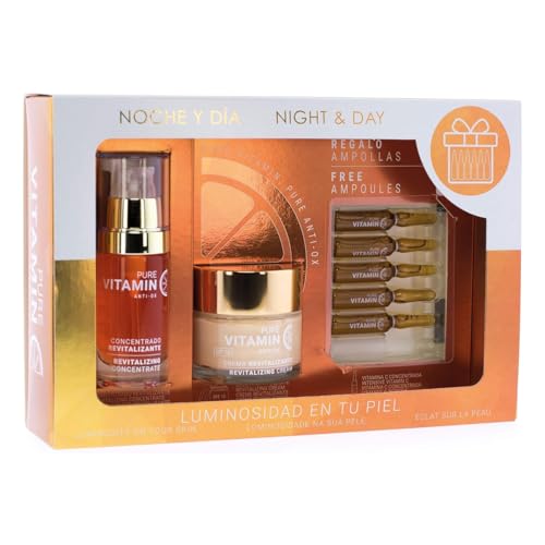 Noite e dia, pack presente vitamina C, creme hidratante facial 60 ml, soro 30 ml, 5 ampolas 2 ml, tratamento antioxidante e iluminador, máxima hidratação, anti-idade, luminosidade, homens e mulheres