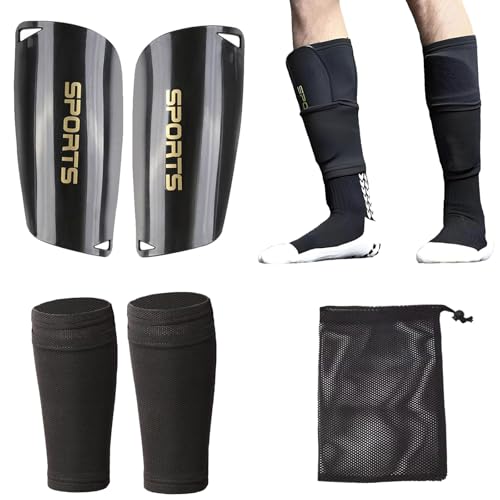 BORISCA 1 Par Negro Espinilleras Futbol Adulto, Sujeta Espinilleras Pequeñas Futbol, Espinilleras Niño con Calcetines Espinilleras Fútbol y Bolsa, Espinilleras de Fútbol para Hombres, Mujeres