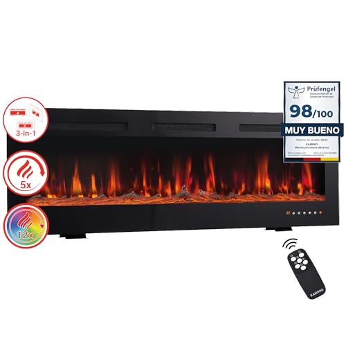 KAMINIO Lareira elétrica Marlon - lareira elétrica 3 em 1 com aquecimento, efeito de chama 3D, 12 cores de chama, controlo remoto (60 polegadas)