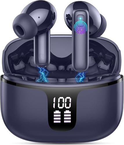 Auriculares sem fios, capacetes sem fios Bluetooth 5.3 com 4 redução de ruído ENC, 40H auriculares Bluetooth som estéreo, IP7 impermeável auriculares sem fios para iOS Android, LED, azul