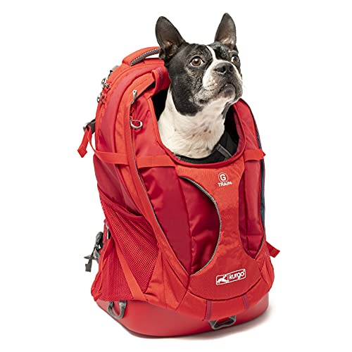 A mochila transportadora G-Train de Kurgo para animais de estimação pequenos, para caminhadas ou viagens, base impermeável, com correia interior e capa para computador portátil, suporta até 11,33 kg.