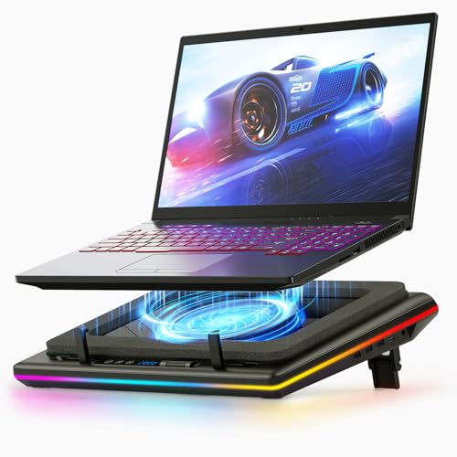 llano Base de refrigeração portátil Gaming RGB com velocidade ajustável ventilador turbo de 14 cm extra hub USB de 3 portas e filtro de pó para portáteis de 38 a 48 cm