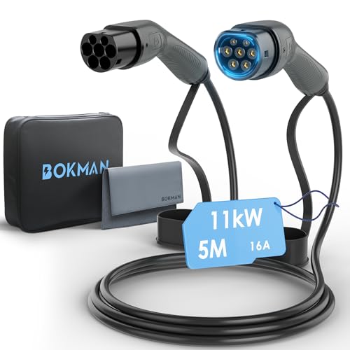 bokman EV Cabo de carregamento tipo 2, modo 3/16A / 11kW / trifásico / 5 m, cabo de carregamento rápido híbrido para veículo elétrico tipo 2 a tipo 2