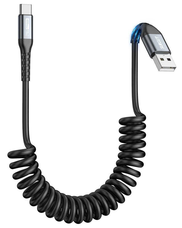 SUNGUY Cabo USB C espiral, cabo USB A a USB C【0,4 m-1 m】, cabo USB C para Android Auto Galaxy S24 Ultra S23 FE S22 S21, Huawei, Xiaomi-cinzento