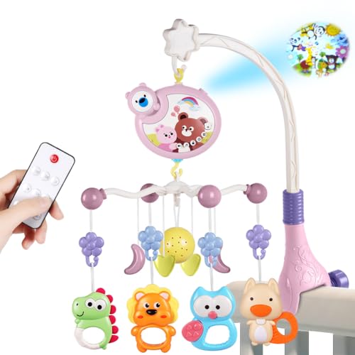 Aolso Móvel musical para berço de bebé, pendente para carrinho com sino, controlo remoto móvel de berço com projeção e função de tempo, bebé móvel para berço, chocalhos para animais - rosa