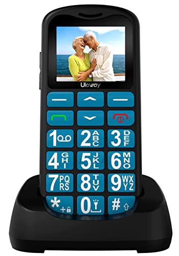 uleway Telemóvel para idosos, telemóvel sênior com teclas grandes, botão SOS, duplo SIM, chamada rápida, som forte de rádio, base de carregamento, fácil de usar para idosos (azul +)
