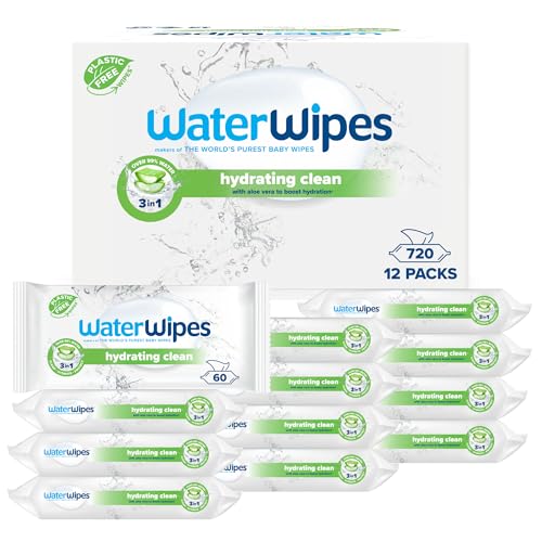 WaterWipes Limpeza hidratante toalhetes para bebé, 720 toalhetes (12 pacotes), com 99% de água e extrato de aloé verera, toalhetes húmidos para rosto e corpo