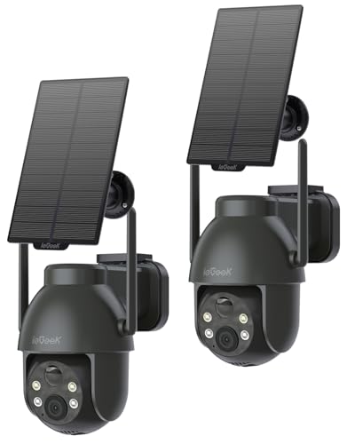ieGeek 3MP Solar WiFi Surveillance Camera Solar com bateria sem cabos, ao ar livre Surveillance Camera Solar Night Vision Cor, PTZ 360 ° Remote App, detecção humana, (2 unidades cinzento)