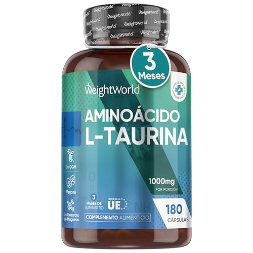 L-Taurina Cápsulas de 1000 mg - 180 unidades para 3 meses, suplemento desportivo para pré-treino e pós-ginásio de alta biodisponibilidade, aminoácidos para homens e mulheres, sem OGM, vegan e sem