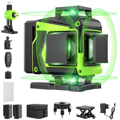 Nível laser automático de 360 graus, nível laser verde de 16 linhas, 2 x 360 horizontal e 2 x 360 verticais, 2 x bateria, montagem na parede, controlo remoto, base magnética, suporte magnético,