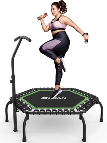 BCAN Mini trampolim de 250 kg, diâmetro de 123 cm, trampolim de fitness com elásticos, cabo de espuma ajustável em 3 posições, estável e silencioso, para crianças e adultos, treino de