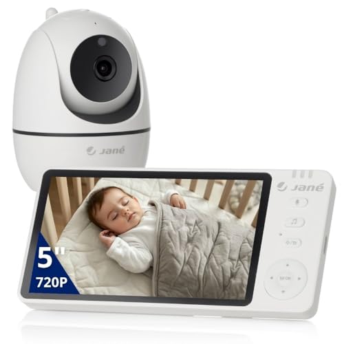 Jané Eye Pro Baby Monitor, monitor de bebé com câmara giratória, inclinação motorada, ecrã 5", áudio bidirecional, visão noturna, grande Âmbito, com música, bateria baixo consumo