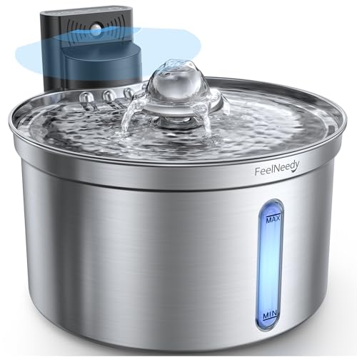 Fonte de água para gatos sem fios inteligente com sensor FEELNEEDY FN-W19 3,5 L, separação de água-bateria 4000 mAh, bebederoem aço inoxidável 304, 3 modos, 1 filtro de carbono ativado