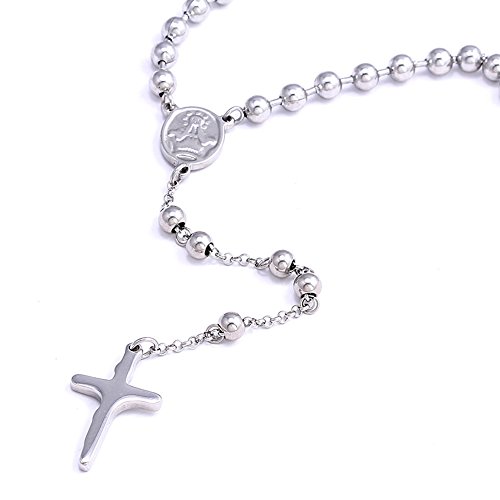 DonDon Rosary - Rosário masculino de aço inoxidável, 63 cm com uma bolsa de veludo preta, Aço inoxidável, Sem Pedra Preciosa