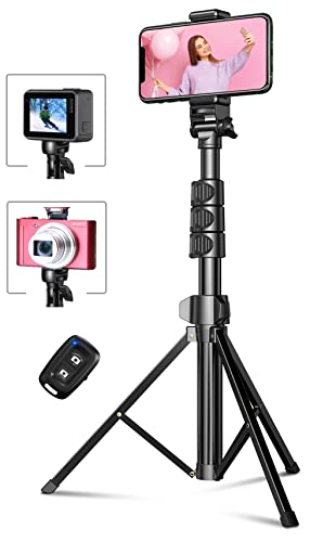 CIRYCASE Tripé de 142 cm, pala Selfie Tripé extensível, tudo em um com controlo remoto Bluetooth, portátil rotulas tripé câmara ideal para vídeo/selfies, compatível com iPhone, câmara