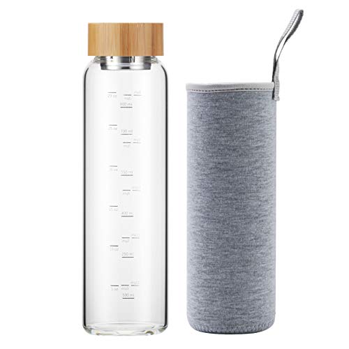 Garrafa de água de vidro de 1 litro reutilizável com capa de neoprene e tampa de bambu sem Bpa (cinzento)
