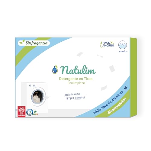 Natulim - Detergente em tiras para máquina de lavar (360 lavagens) - Inclui efeito suave, ecológico, hipoalergénico, Made in Spain - roupa limpa e macia sem sujar o planeta (sem fragrância)