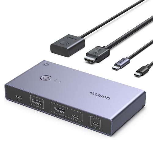 UGREEN KVM Switch HDMI USB C 4K 60Hz 2 entradas 1 saída com 4 portas USB 3.0, 3A1C, 5 Gbps, comutador compatível com MacBook PS5 computador Host Steam Deck cabo HDMI e cabo USB-C de vídeo incluídos