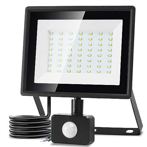 Aigostar Foco LED com sensor de movimento 50 W, 4300 LM Super brilho holofotes LED exterior IP65 impermeável, branco frio 6500 K projetor LED exterior, perfeito para jardim, garagem, pátio, etc.
