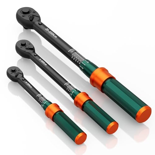 NADOKHI Chave dinamométrica 1/4" & 3/8" & 1/2", Conjunto de 3 peças, chave dinamométrica 3-25 Nm/5-60 Nm/20-220 Nm com cabeça reversível de 72 dentes, precisão de ± 3%, para carro, bicicleta,