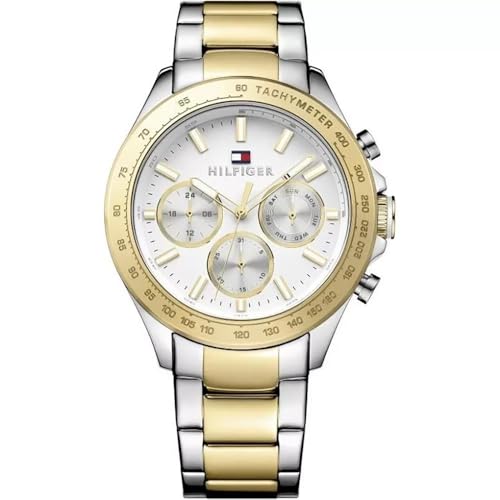 Tommy Hilfiger Relógio multifuncional de quartzo para homem, 45,5 mm, mostrador branco, pulseira de aço inoxidável bicolor com casa de banho de ouro (IP), 3 sub-mostradores, resistente à água 5ATM