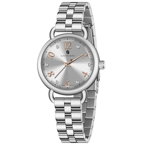 SAPPHERO Relógio mulher - resistente à água, pulseira de aço inoxidável, ornamentos de vidro, caixa circular, espelho tridimensional - relógio de luxo mulher quartzo ouro e prata