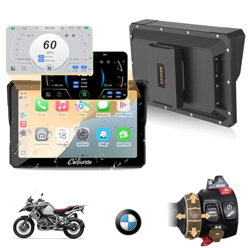 Carpuride W702BS Pro Motocicleta Carplay ecrã com BMW Wonder Wheel para BMW Moto, sem fios CarPlay e Android Auto, 7" impermeável ecrã tátil, bluetooth duplo, intercomunicador.