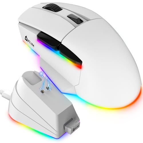 KLIM Blaze X - Novo - Rato Gaming recarregável RGB com base de carregamento sensor de alta precisão bateria duradoura até 12000 dpi sem fios e com cabo PC, PS5, PS4 - branco