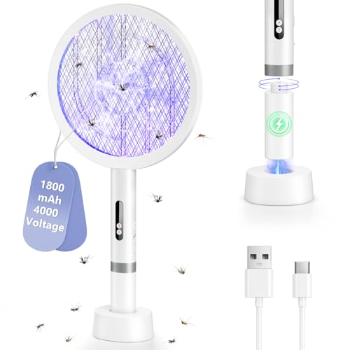 BKXCHA 2 em 1 Raquete mosquiteira elétrica, 4000 V Raquete mosquitos elétrica forte, 1800 mAh USB-C recarregável mata-moscas elétrico portátil e lâmpada UV com malha segura de 3 camadas, dois modos