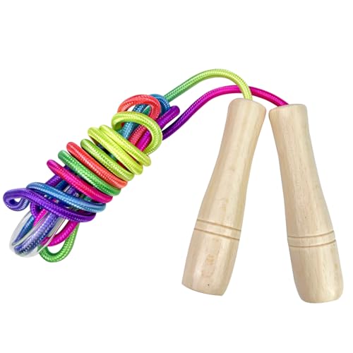 Maxentico 250 cm, bomba de saltar, corda ajustável para saltar, corda de saltar com cabo de madeira, cordas para crianças, corda comprida para saltar crianças para exercício, fitness (cor arco-íris)