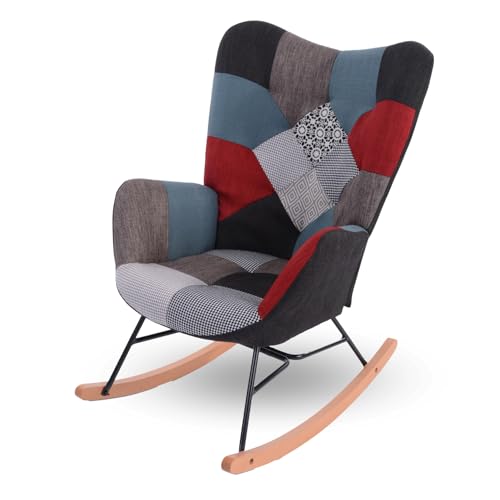 MEUBLE COSY Cadeira de baloiço cadeira de Relax especial amamentação poltrona acolchoada com apoios de braços, encosto alto, de tecido Patchwork com pernas de madeira de metal, para sala de estar,