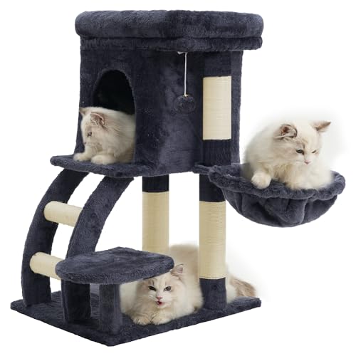 Heybly Árvore de raspador para gatos, 75 cm de altura torre para gatos com plataforma superior, toca, rede, escada para reparo, brinquedos para gato, cinzento fumado HCT009SG