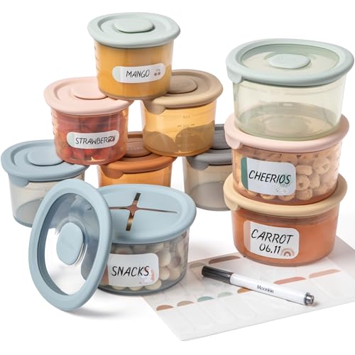 Moonkie Frascos para bebés de silicone (6 pacotes de 4 oz + 4 pacotes de 8 oz), frascos para bebé comida, recipiente para alimentos para bebé, frascos de conservação 100 % herméticos, sem BPA,